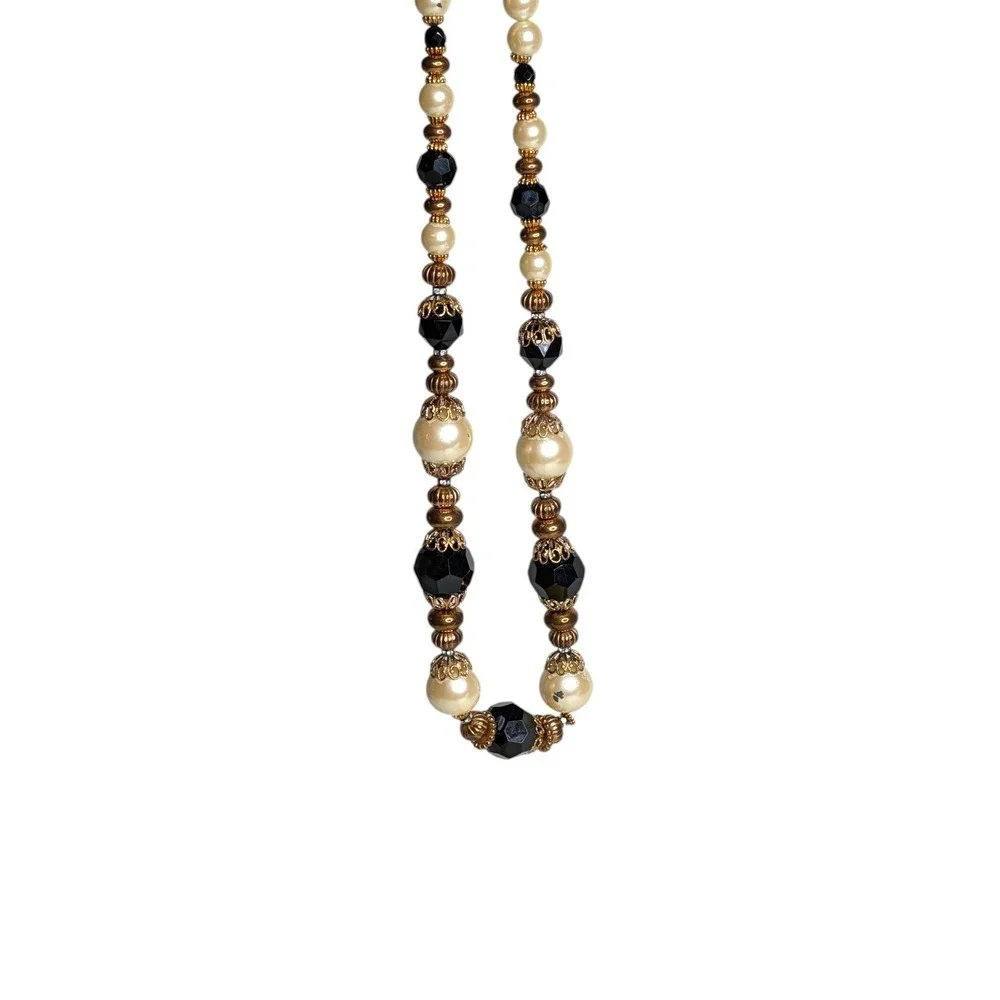 Vintage Style Black and‎ Cream Faux Pearl Beaded Necklace Gold Tone Accents